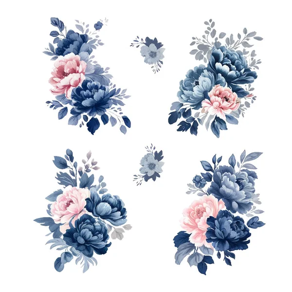 ネイビーブルーの水彩の花がセット 結婚式のコンセプト ベクトル設計要素 — ストックベクタ