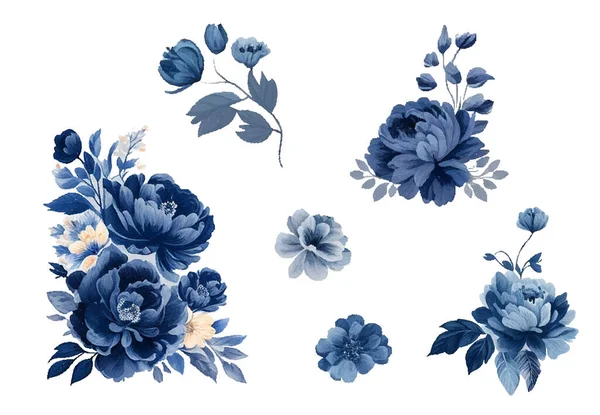 ネイビーブルーの水彩の花がセット 結婚式のコンセプト グリーティングカードや招待デザインのためのベクトルデザイン要素ヴィンテージ水彩 — ストックベクタ
