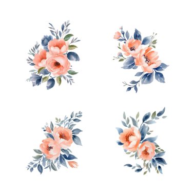 Çiçek dalı seti. Çiçekli şeftali gülü, yeşil ve mavi yapraklar. Çiçekli düğün konsepti. Çiçek posteri, davet. Tebrik kartı için vektör düzenlemeleri