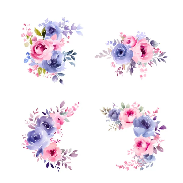 Conjunto Rama Floral Flores Color Rosa Lila Hojas Verdes Azules — Vector de stock