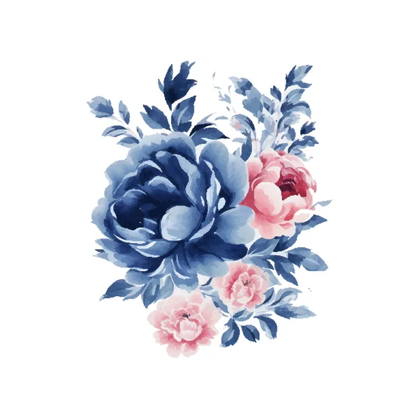 Watercolor Navy Blue Pink Flowers Set Vintage Vector Flowers — Stock Vector