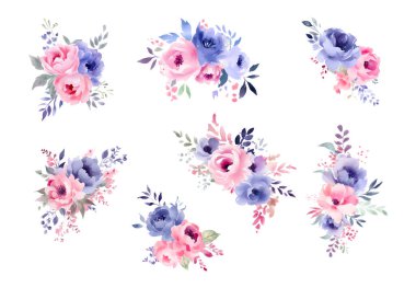 Çiçek dalı seti. Çiçek pembesi ve leylak çiçekleri, yeşil ve mavi yapraklar. Çiçekli düğün konsepti. Çiçek posteri, davet. Vektör düzenlemeleri