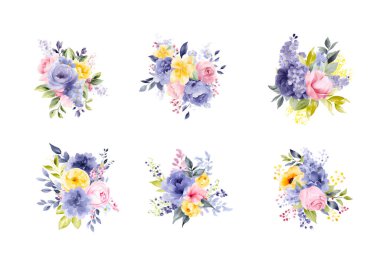 Çiçek dalı seti. Çiçek pembesi ve leylak çiçekleri, yeşil ve mavi yapraklar. Çiçekli düğün konsepti. Çiçek posteri, davet. Vektör düzenlemeleri