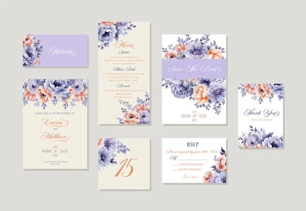 婚宴请贴集水彩画紫桃花色模版卡片套件 — 图库矢量图片