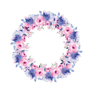 Vektör çiçekleri ayarlandı. Güzel çelenk. İzole edilmiş mavi yaprakları, pembe çiçekleri ve el yapımı suluboya çiçekleri olan zarif bir çiçek koleksiyonu. Davetiye, düğün veya tebrik kartları için tasarım