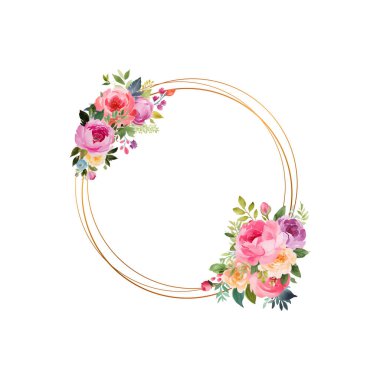 Lüks bej renkli moda vektör tasarım kartı. Geometrik altın sanat. Pembe gül, kremalı yıldız çiçeği, ortanca, eğrelti otu, astilbe, bordo kırmızı şakayık, pampas otu..