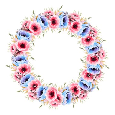 Vektör çiçek çerçevesi. Güzel çelenk. İzole edilmiş mavi, pembe yapraklı ve çiçekli zarif çiçek koleksiyonu, el yapımı suluboya..