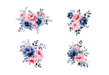 Çiçek dalı seti. Çiçek pembesi ve mavi gül, yeşil yapraklar. Çiçekli düğün konsepti. Çiçek posteri, davet. Vektör düzenlemeleri