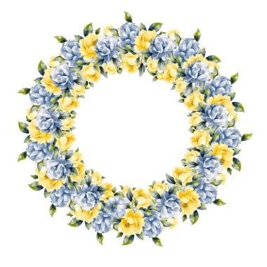 Sarı şakayık çiçekli suluboya çelenk. Şablon