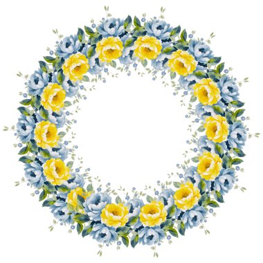 Sarı şakayık çiçekli suluboya çelenk. Davet için şablon, kart, tarihi kaydet