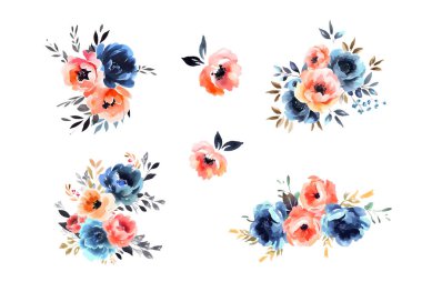 Çiçek dalı seti. Çiçek pembe gül, yeşil yapraklar. Çiçekli düğün konsepti. Çiçek posteri, davet. Vektör düzenlemeleri