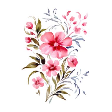 Çiçek dalı seti. Çiçek pembesi ve mavi gül, yeşil yapraklar. Çiçekli düğün konsepti. Çiçek posteri, davet. Vektör düzenlemeleri