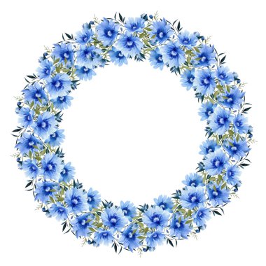 Mavi çiçekli çelenk, yapraklar ve dallar suluboya tarzında. Vektör çemberi çerçevesi, Vintage