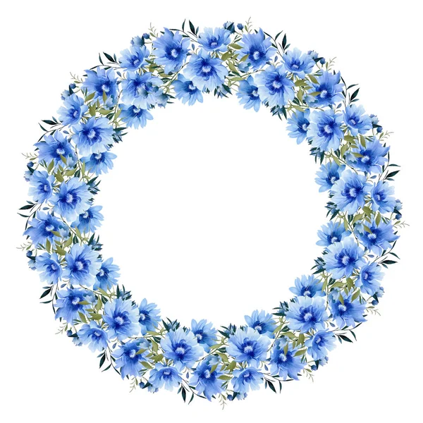 Wianek Niebieskimi Dzikimi Kwiatami Liśćmi Gałęziami Stylu Vintage Akwarela Rama — Wektor stockowy