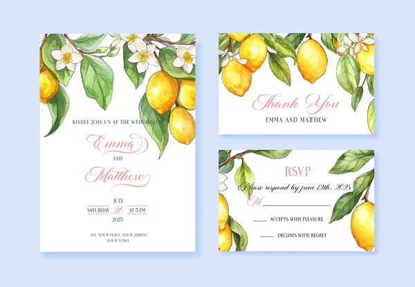Lemon Watercolor Wedding Invitation Vector Template — 图库矢量图片