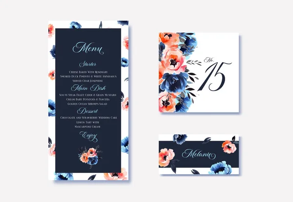 水彩花婚宴菜单 餐桌和带有蓝色和橙色花插图的护送卡片 — 图库矢量图片