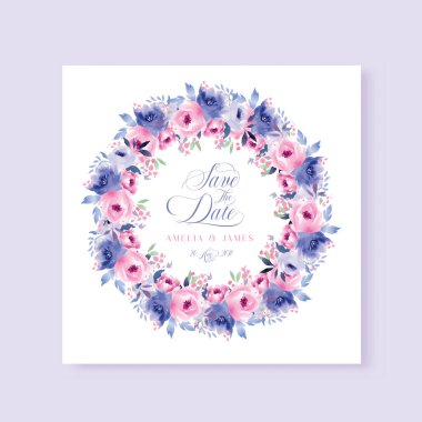 Flört düğün çiçekli kare kart tasarımını eski suluboya çiçeklerle kaydet. vektör