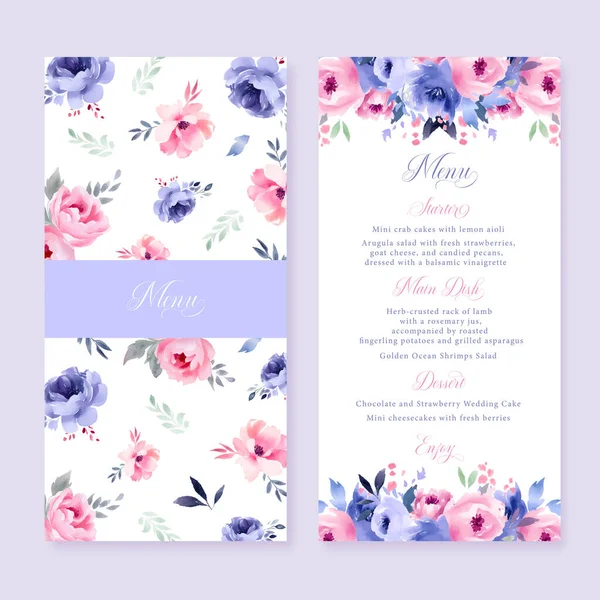 水彩花婚礼菜单卡片上有粉色蓝色紫丁香桃蔷薇花插图 矢量模板 — 图库矢量图片