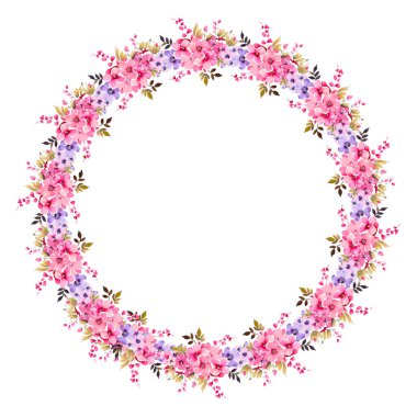 Renkli çiçekli çelenk, yapraklar ve dallar eski suluboya tarzında.