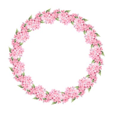 Pembe çiçekli çelenk, yapraklar ve dallar eski suluboya tarzında. Vektör çemberi