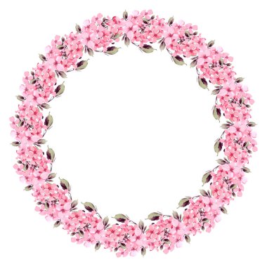 Pembe çiçekli çelenk, yapraklar ve dallar eski suluboya tarzında. Vektör