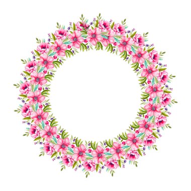 Çiçekli, pembe çiçekli, yapraklı ve dallı eski suluboya bir çelenk. Vektör