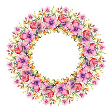Renkli çiçekli çelenk, yapraklar ve dallar eski suluboya tarzında. Vektör