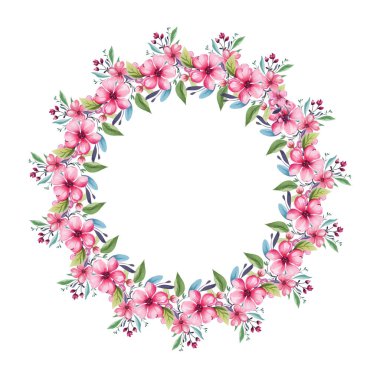 Renkli çiçekli çelenk, yapraklar ve dallar eski suluboya tarzında. Vektör