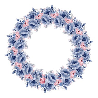 Vektör çiçek çerçevesi. Güzel çelenk. İzole edilmiş mavi yaprakları, pembe çiçekleri ve el yapımı suluboya çiçekleri olan zarif bir çiçek koleksiyonu. Tasarım