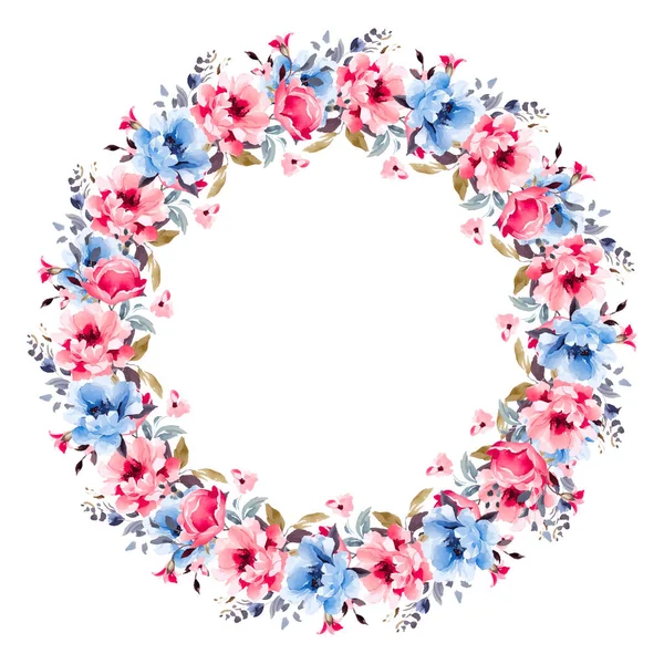 矢量花框架 漂亮的花环精美的花卉收藏 带有孤立的蓝色 粉红色的叶子和花朵 手绘水彩画 — 图库矢量图片