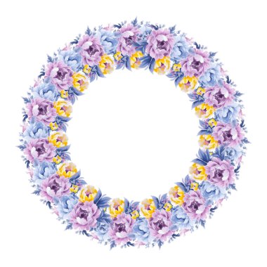 Mor leylak çiçekli çelenk, yeşil yapraklar ve suluboya tarzda dallar. Vektör