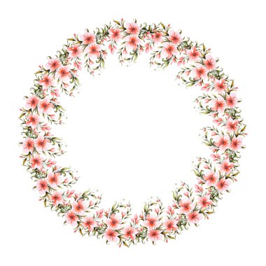 Pembe çiçekli suluboya çiçek çerçevesi. İzole edilmiş