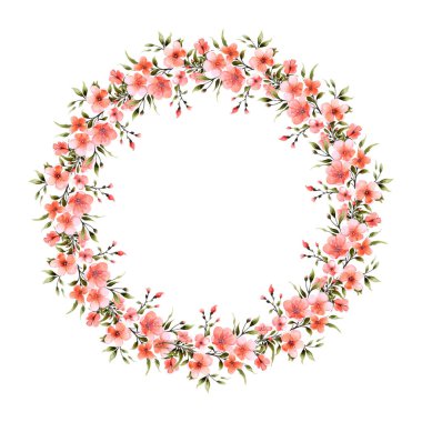 Pembe çiçekli suluboya çiçek çerçevesi. İzole edilmiş