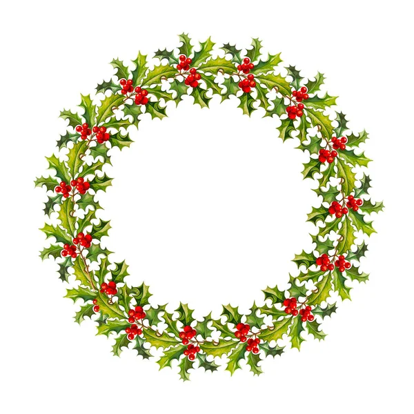 Aquarel Kerstkrans Met Rode Bessen Dennenboom Kerst Met Sparren Decoratief — Stockvector