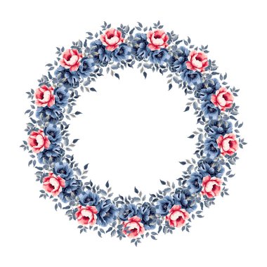 Pembe ve mavi pastel çiçekli suluboya, eski bir çiçek çerçevesi. İzole edilmiş