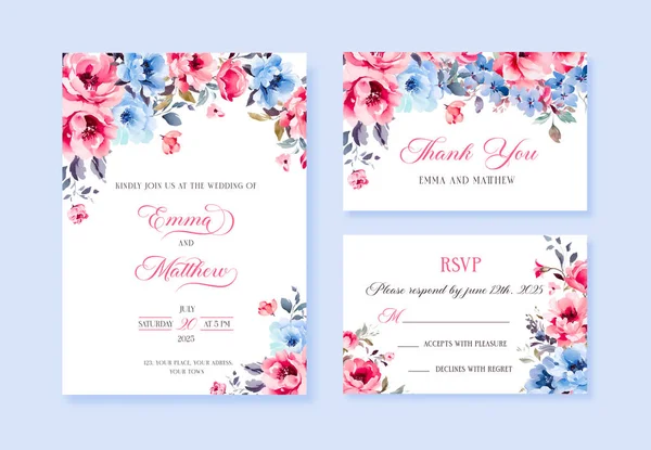 婚礼矢量花卉邀请函 邀请函谢谢 Rsvp卡水彩设计集 花园花卉粉色蓝色 — 图库矢量图片