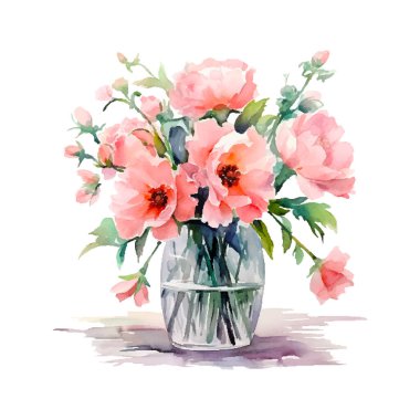 Vazoda yabani pembe ve beyaz çiçekli suluboya buket. Morumsu çiçekler, yapraklar, dallar. Selamlama, kart, davetiye, el ilanı, pankart için tasarım.