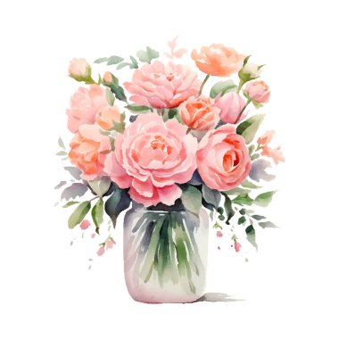 Vazoda yabani pembe ve beyaz çiçekli suluboya buket. Morumsu çiçekler, yapraklar, dallar. Selamlama, kart, davetiye, el ilanı, pankart için tasarım.