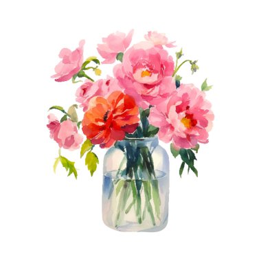 Vazoda yabani pembe ve beyaz çiçekli suluboya buket. Morumsu çiçekler, yapraklar, dallar. Selamlama, kart, davetiye, el ilanı, pankart için tasarım.