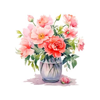 Vazoda yabani pembe ve beyaz çiçekli suluboya buket. Morumsu çiçekler, yapraklar, dallar. Selamlama, kart, davetiye, el ilanı, pankart için tasarım.