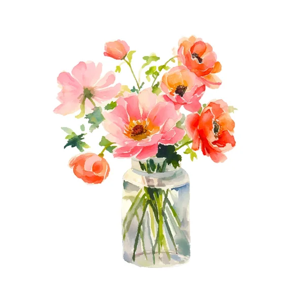 Akwarelowy Bukiet Dzikimi Różowymi Białymi Kwiatami Wazonie Kolekcja Magenta Kwiaty — Wektor stockowy