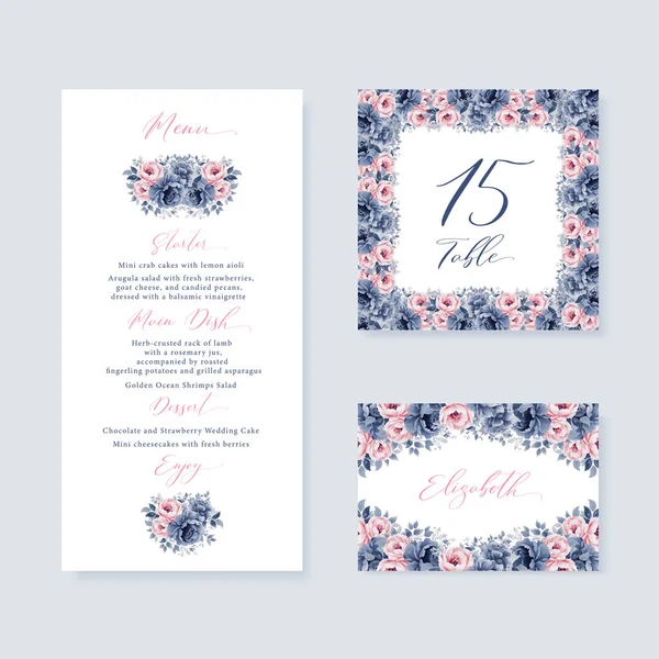 水彩花婚礼菜单 餐桌和带有深蓝色和粉色花朵的护送卡 — 图库矢量图片