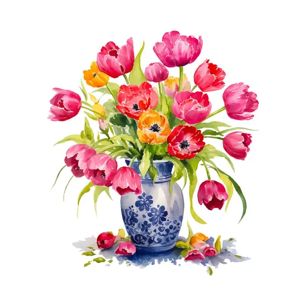 Цветной Акварельный Букет Тюльпанов Вазе Белом Фоне Вектор — стоковый вектор