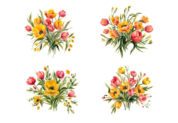 Akvarell Vilda Blommor Buketter Isolerade Insamling Abstrakta Vilda Blommor Grã — Stock vektor