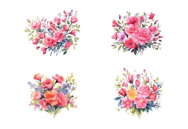 Suluboya çiçek buketleri, izole edilmiş. Soyut bahar çiçekleri, yabani otlar, yaprak dalları, çiçek yaprakları en az şekilde toplanır..