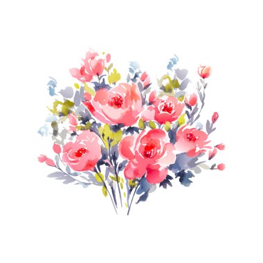 Suluboya pembe çiçek buketi, izole. Soyut bahar yabani çiçekleri