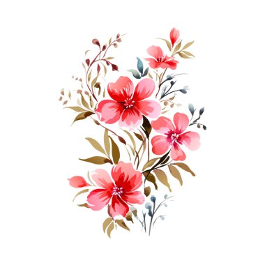 Suluboya pembe çiçek buketi, izole. Soyut bahar yabani çiçekleri