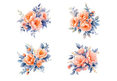 Çiçek dalı seti. Çiçekli şeftali gülü, yeşil ve mavi yapraklar. Çiçekli düğün konsepti. Çiçek posteri, davet. Vektör düzenlemeleri