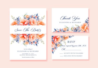 Suluboya Şeftali Düğünü Yaban çiçekleriyle Tarih kartını kaydet, teşekkürler ve cevap kartları, vektör