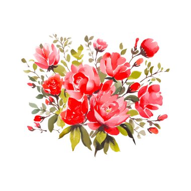 Suluboya kırmızı çiçek buketi, ıssız. Soyut bahar yabani çiçekleri